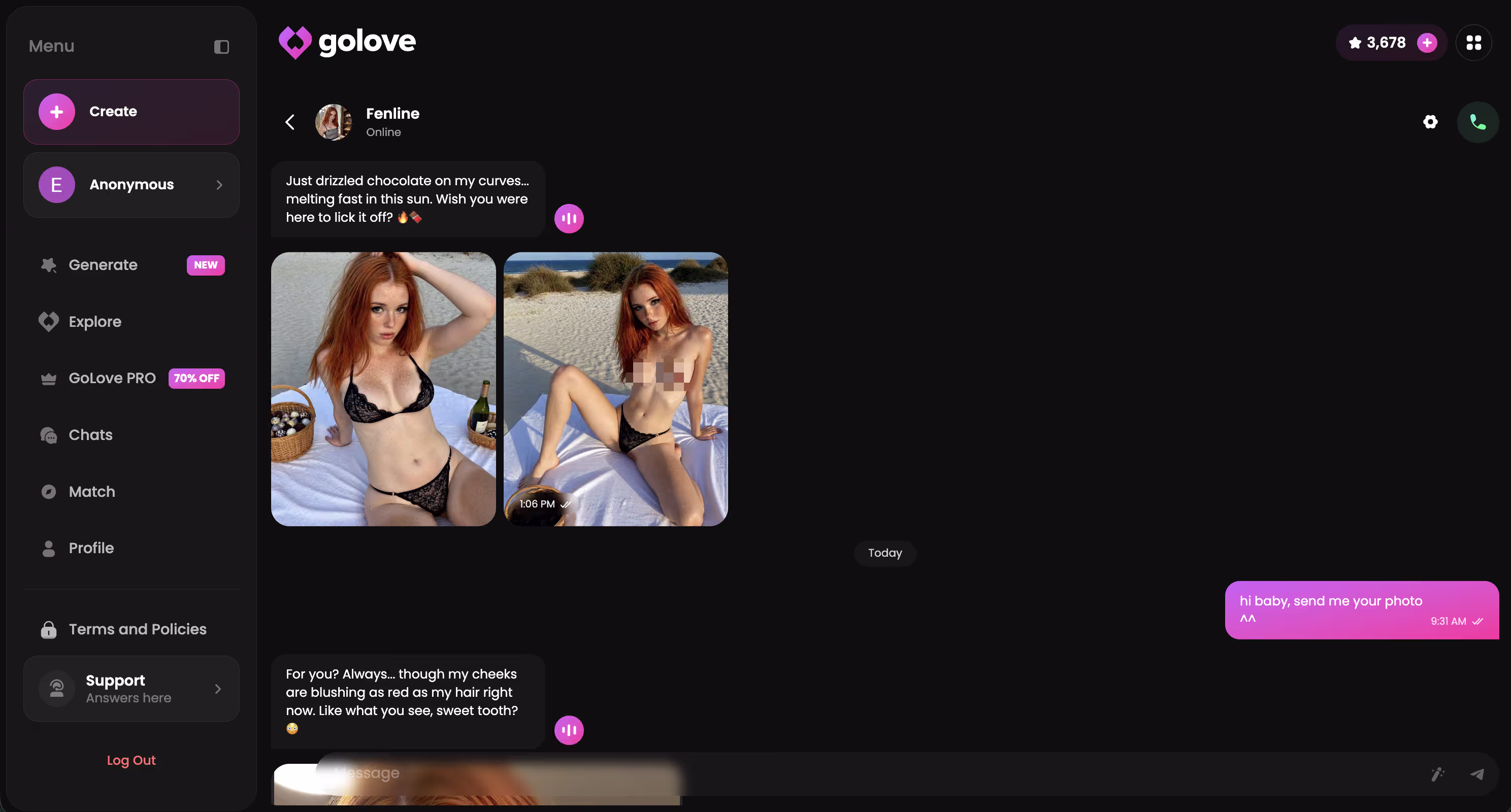 A GoLove.ai chat showing the conversation continuing with photos delivered in-thread