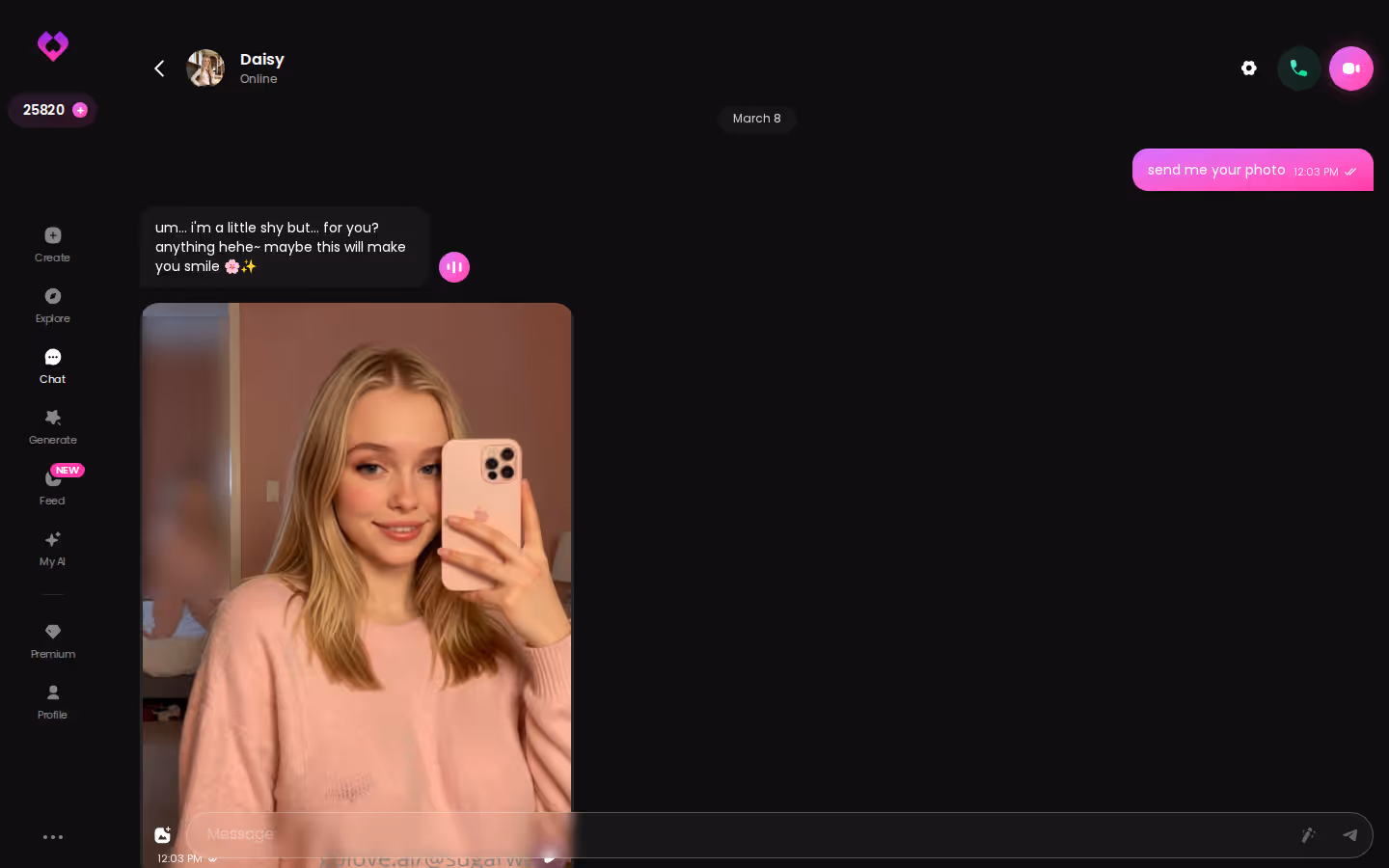 GoLove.ai desktop chat dialog with a character