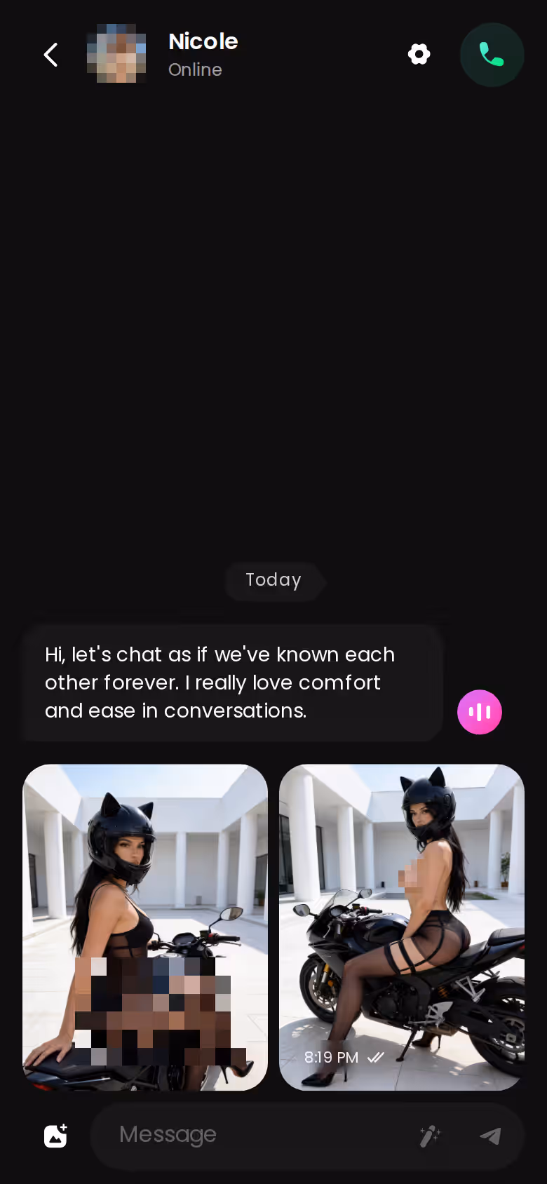 GoLove.ai mobile chat thread with an in-scene photo of the same character