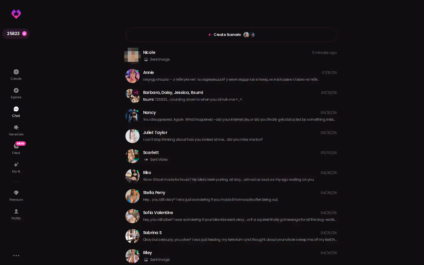 GoLove.ai Chats inbox on desktop listing ongoing conversations with several AI characters