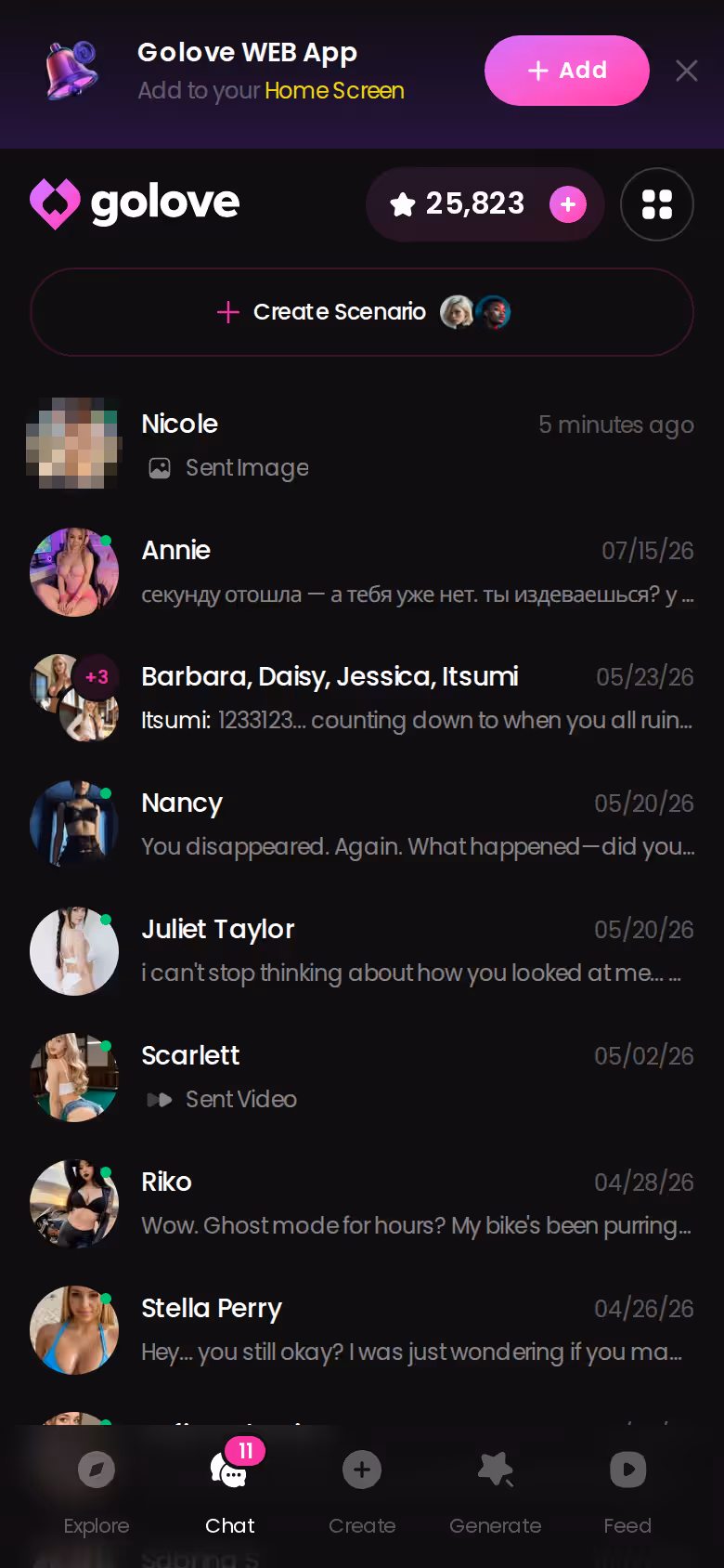 GoLove.ai chat list on mobile where each conversation keeps its own settings