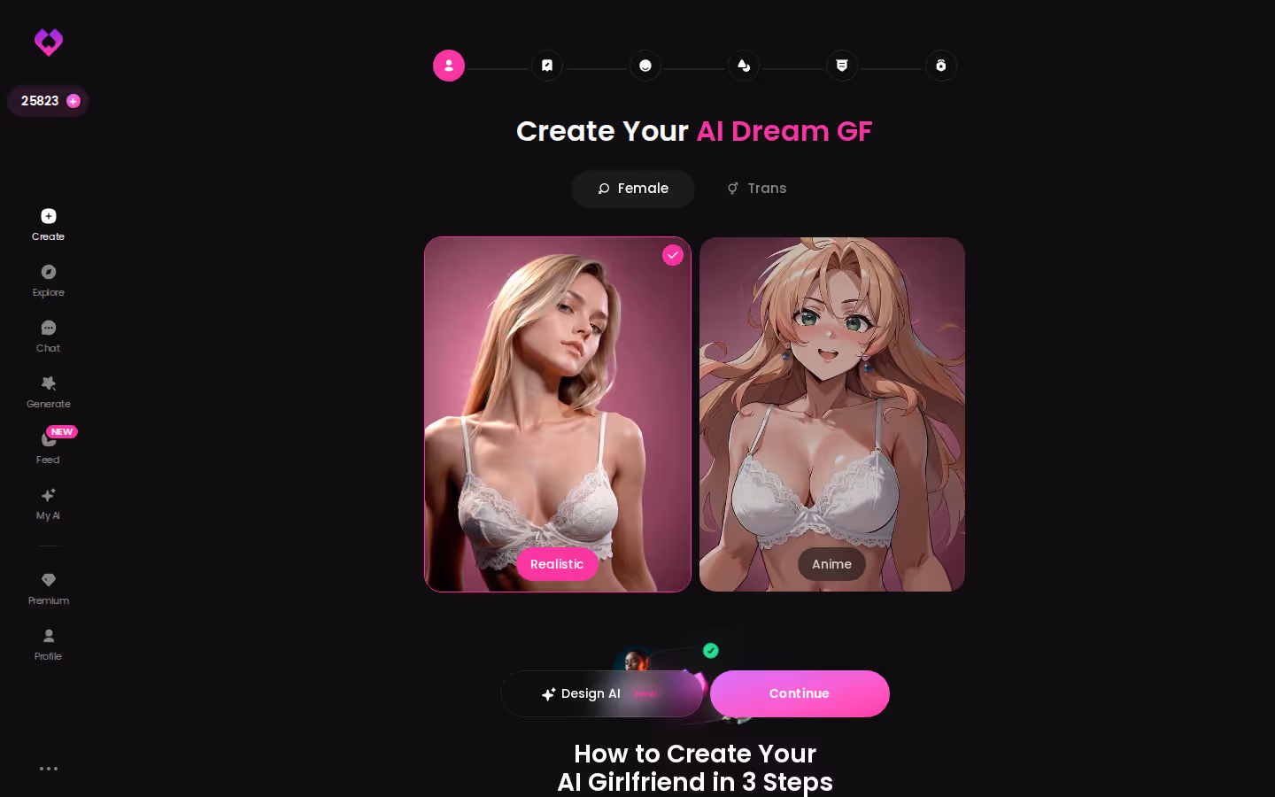 First step of GoLove's Create wizard with the Realistic, Anime and Trans style cards