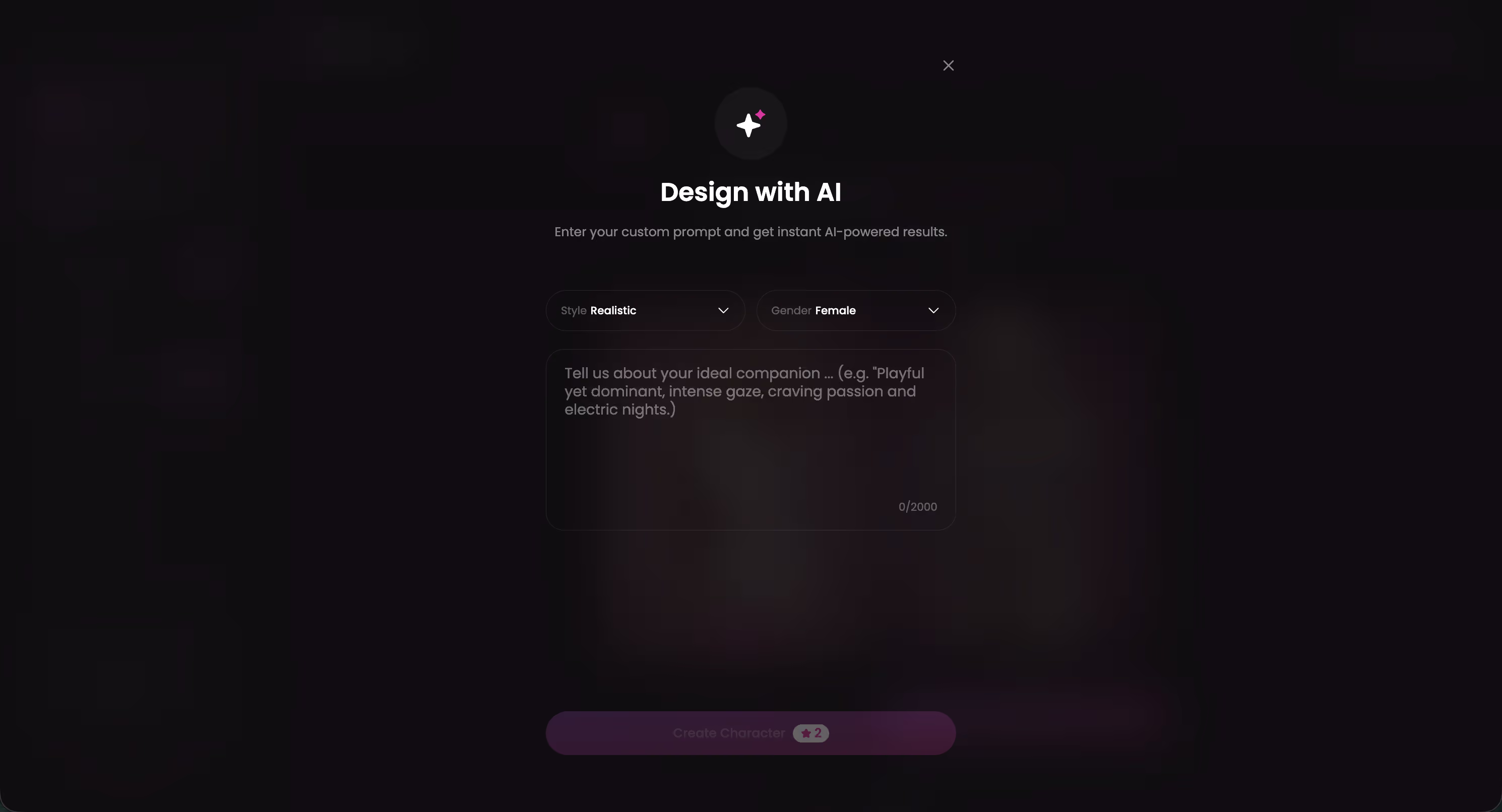 GoLove.ai Design with AI screen on desktop with a plain-text character description box