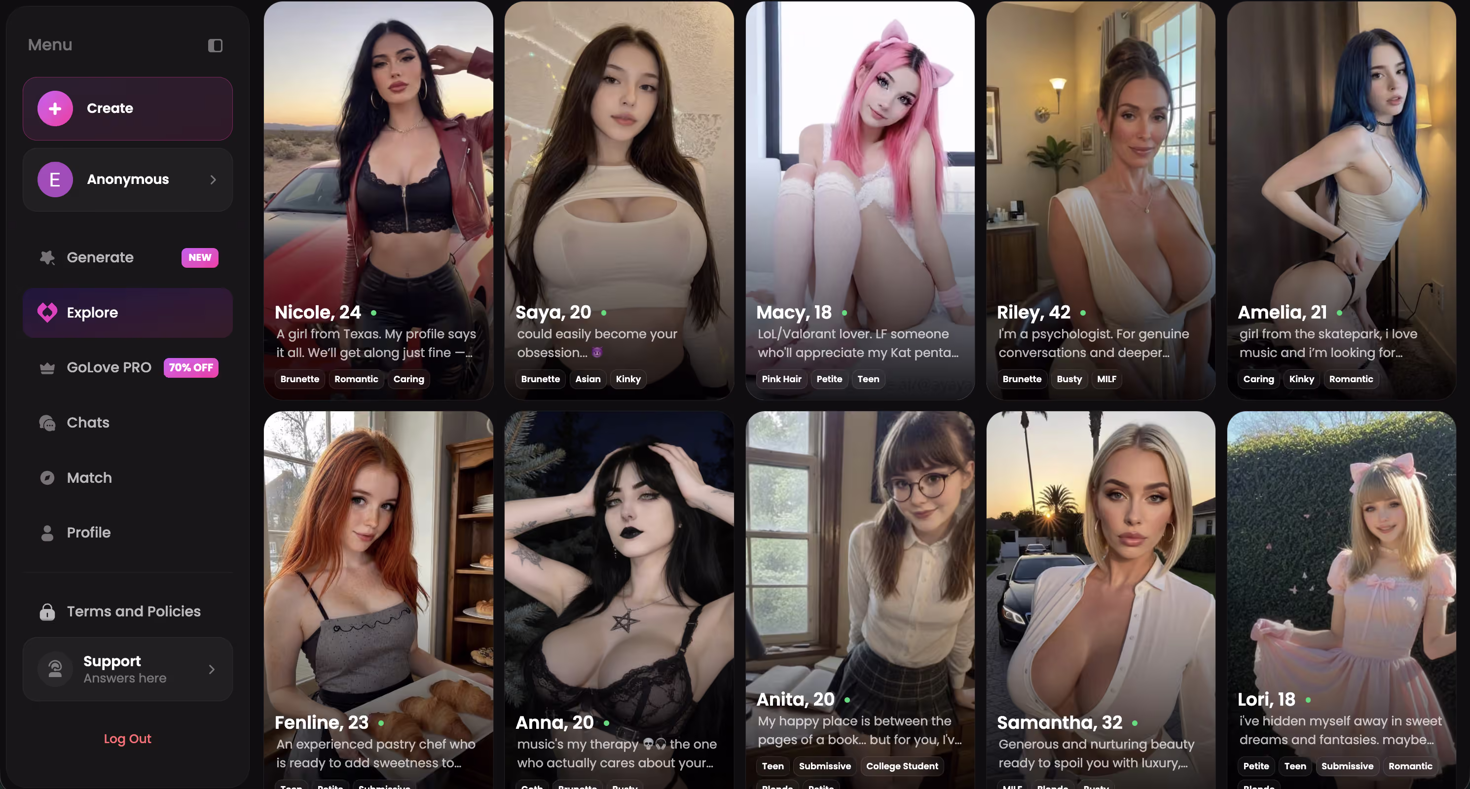 Explore page with realistic AI girlfriend roster — ourdreamai