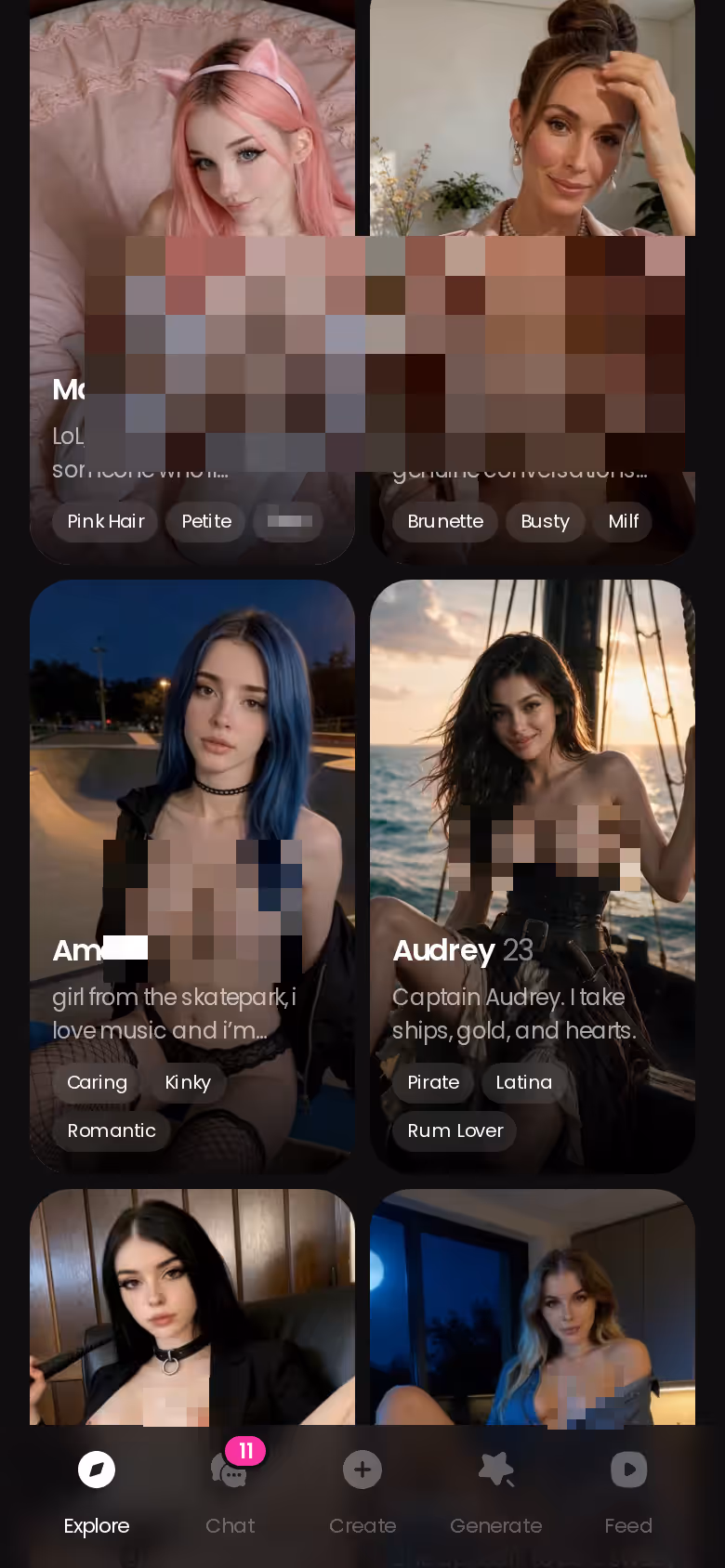 GoLove.ai Explore screen on mobile showing realistic AI girlfriend characters ready to open in chat