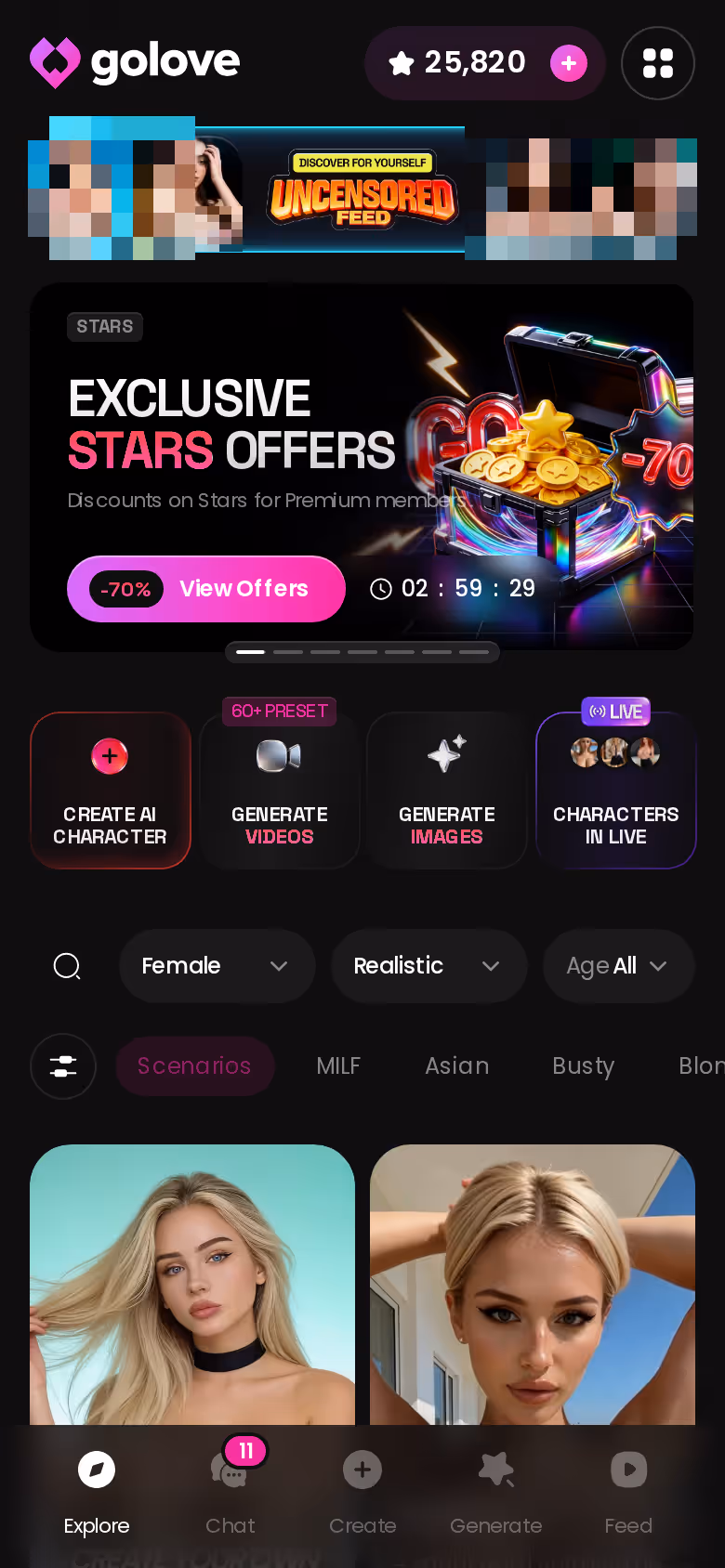 Mobile GoLove.ai Explore page with banners and character grid — blonde milf ai