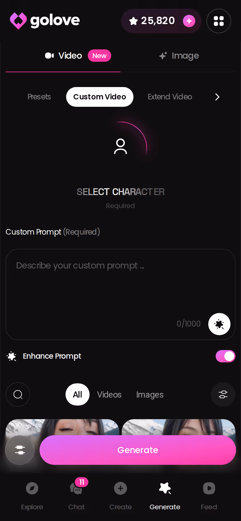 GoLove.ai Custom Video generator on mobile with a custom character selected