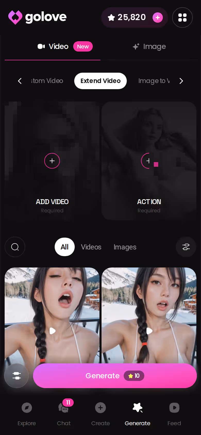 GoLove.ai video generator on mobile with the Extend Video option for lengthening an existing clip
