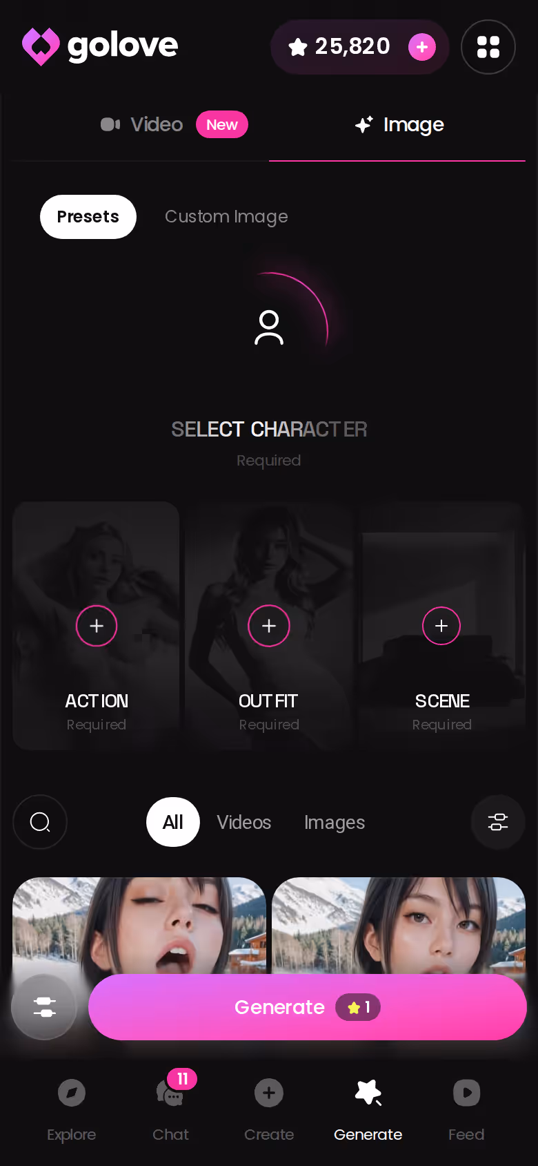 GoLove.ai Image mode on mobile with stacked pose, outfit and background presets