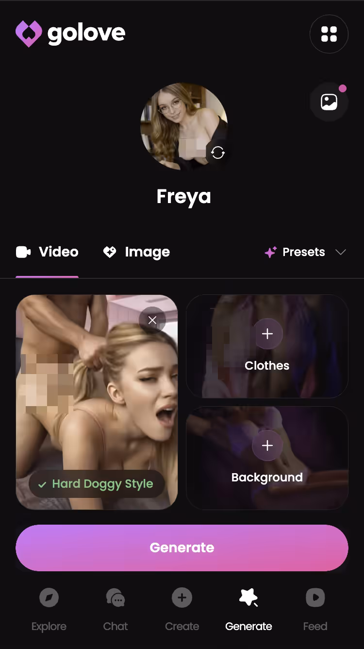 Explicit action preset selected in the GoLove.ai video generator — soulfun ai