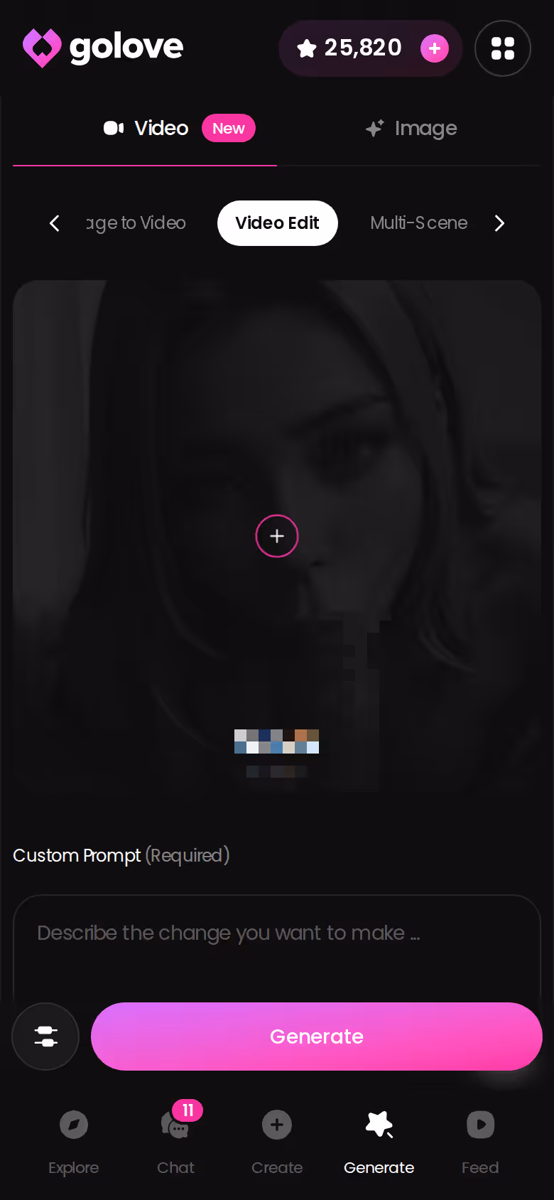GoLove.ai video edit screen on mobile with a generated clip open for adjustments